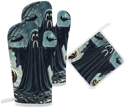 Black and Halloween Ghost Oven Gloves 3-Piece Set