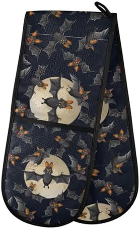 Halloween Transitional Double Oven Mitts with flying bats and full moon
