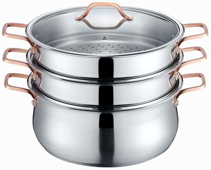 Concord Premium Stainless Steel 3-Tier Steamer Pot with Rose Gold Handles