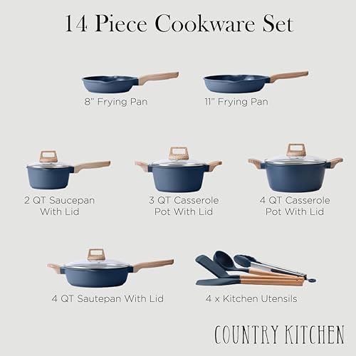 Country Kitchen 14-Piece Nonstick Cookware Set with Utensils Navy