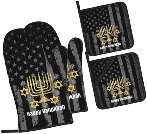 Rqwaaed Happy Hanukkah Oven mitt Set 4-Piece Heatresistant