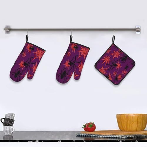 Scary Halloween Spider Web Oven Mitts Set of 3 with Pot Holders