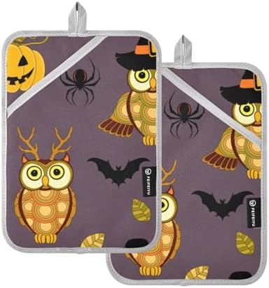 2Pcs Halloween pumpkin owl pot holder set non-slip oven mitts
