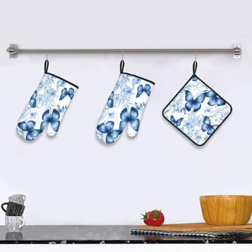 Oven Mitts Set for Grilling Baking Heat-Resistant with Hanging Loops