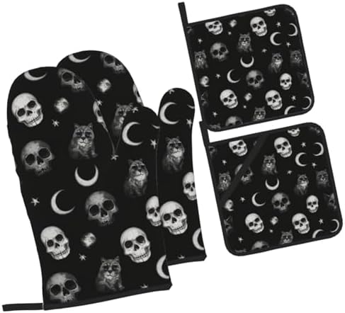 Black Cat Gothic Skull Oven Mitts Set of 4 Heat-Resistant Kitchen Pads
