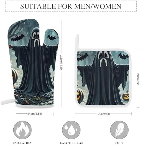 Black and Halloween Ghost Oven Gloves 3-Piece Set