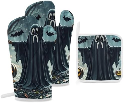 Black and Halloween Ghost Oven Gloves 3-Piece Set