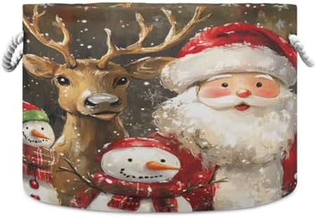 SUABO Reindeer Santa Snowman Canvas Laundry Basket with Handle