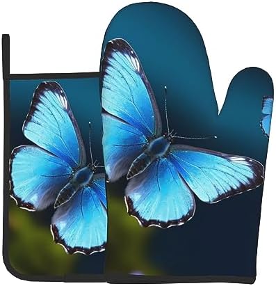 Beautiful Blue Butterfly Printed 2-Piece Set of Oven Mitt and Pot Holder