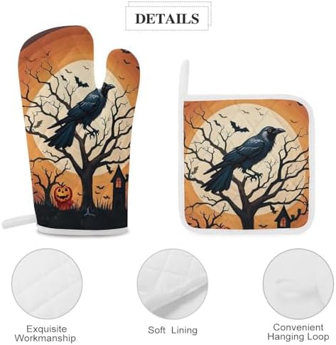 Raven Halloween Oven Mitts Pot Holders Set - Festive 4-Piece Heat-Resistant Gloves