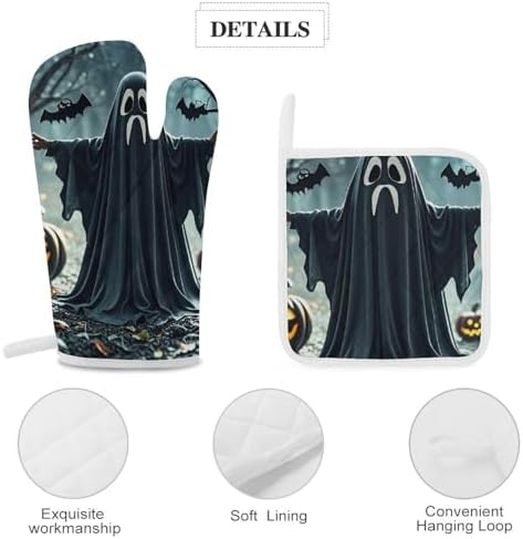 Black and Halloween Ghost Oven Gloves 3-Piece Set