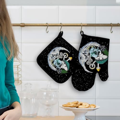 Mingnei Goth Skull Mushroom Oven Mitts Pot Holder Set for Kitchen Use