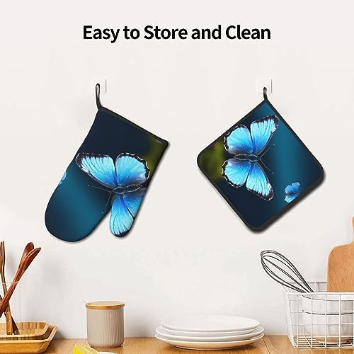 Beautiful Blue Butterfly Printed 2-Piece Set of Oven Mitt and Pot Holder