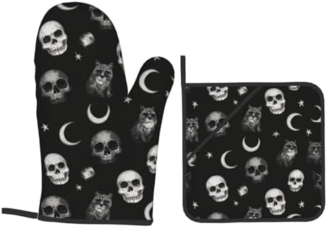 Black Cat Gothic Skull Oven Mitts Set of 4 Heat-Resistant Kitchen Pads