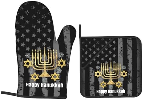 Rqwaaed Happy Hanukkah Oven mitt Set 4-Piece Heatresistant