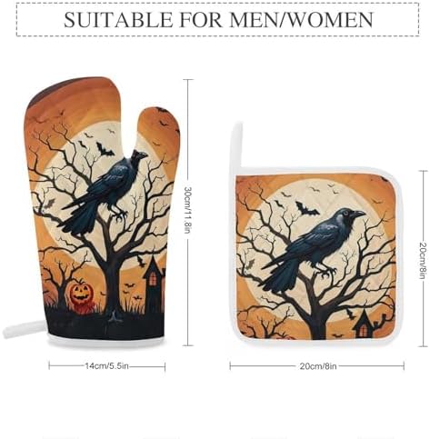 Raven Halloween Oven Mitts Pot Holders Set - Festive 4-Piece Heat-Resistant Gloves