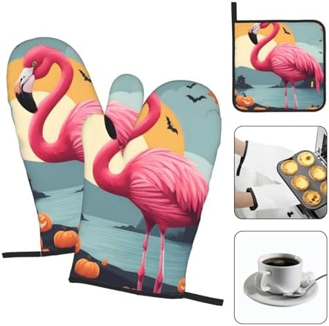 Fairchild Halloween Oven Mitts Pot Holder Set Cartoon Flamingo Durable Waterproof