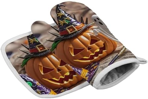 Oven Mitts and Potholders Set - Heat-Resistant Halloween Witch Hat BBQ Cooking Gloves
