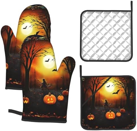 Halloween Party Oven Mitts Heat-Resistant Gloves with Built-In Potholders