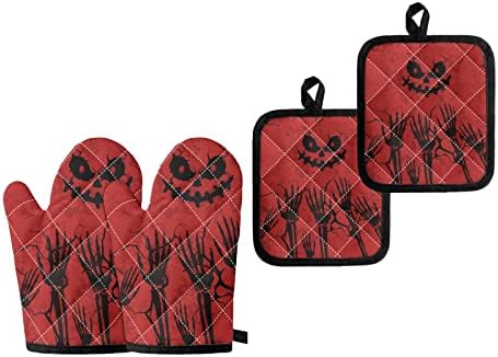 Halloween Skull Oven Mitts Pot Holders Set Red