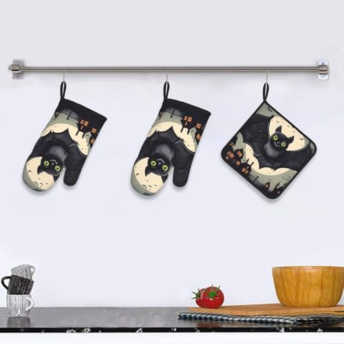 YYHHAOFA Halloween Bat Oven Mitts Set of 3