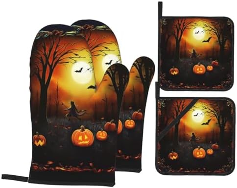 Halloween Party Oven Mitts Heat-Resistant Gloves with Built-In Potholders