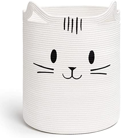 Sturdy Soft Cat Face Laundry Basket for Kids Pets White 16x20