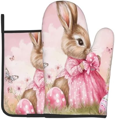 Easter Bunny with Butterflies Pot Holder and Oven Mitt Set