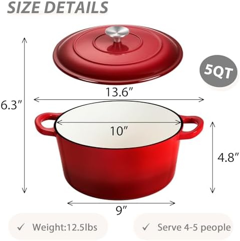 Joyfair Premium Cast Iron Dutch Oven Pot with Lid 5 QT Red