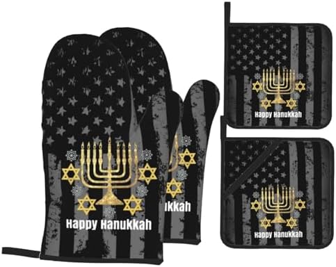 Rqwaaed Happy Hanukkah Oven mitt Set 4-Piece Heatresistant