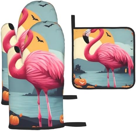 Fairchild Halloween Oven Mitts Pot Holder Set Cartoon Flamingo Durable Waterproof