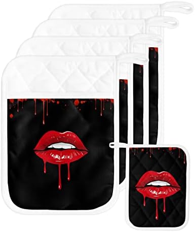 Halloween Lips Blood Pot Holders Set of 5 Heat-Resistant Kitchen Poches