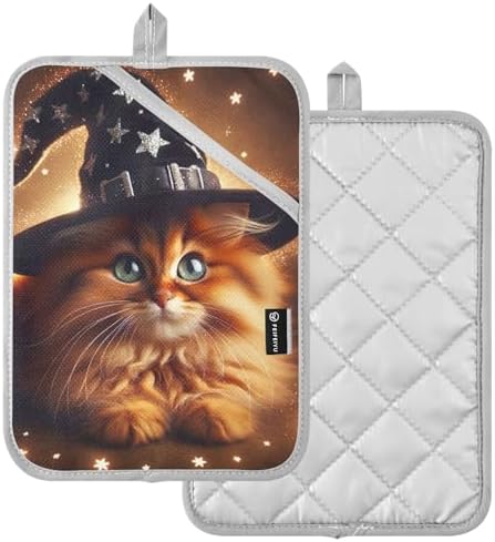 Halloween Kitten Witch Heat-Resistant Oven Mitt Set 2