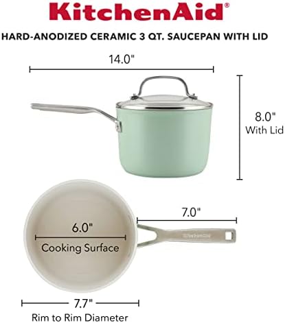 KitchenAid Hard Anodized Ceramic Nonstick Cookware Sauce Pan with Lid 3 Quart Pistachio