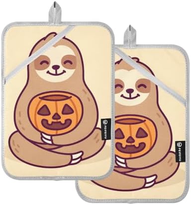 Halloween 2-Piece Cute Sloth Pot Holder Set for Kitchen Pockets Mitts