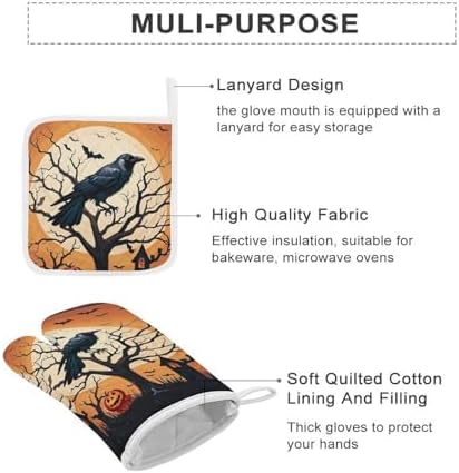 Raven Halloween Oven Mitts Pot Holders Set - Festive 4-Piece Heat-Resistant Gloves