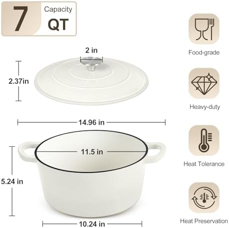PP CHEF Kapex Dutch Oven Pot with Lid White Enameled 7QT
