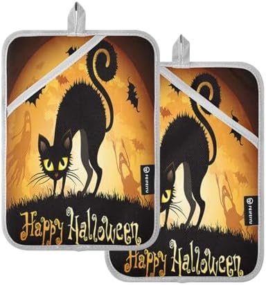 Trick or Treat Halloween instincts with a Black Cat Pot Holder Set