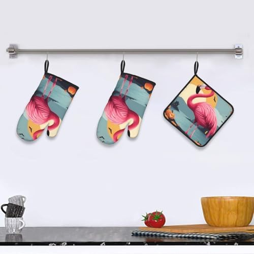 Fairchild Halloween Oven Mitts Pot Holder Set Cartoon Flamingo Durable Waterproof