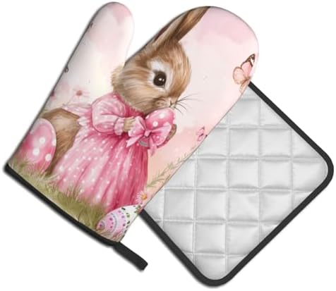 Easter Bunny with Butterflies Pot Holder and Oven Mitt Set