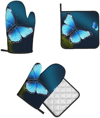 Beautiful Blue Butterfly Printed 2-Piece Set of Oven Mitt and Pot Holder