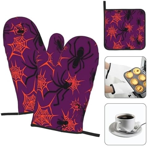 Scary Halloween Spider Web Oven Mitts Set of 3 with Pot Holders