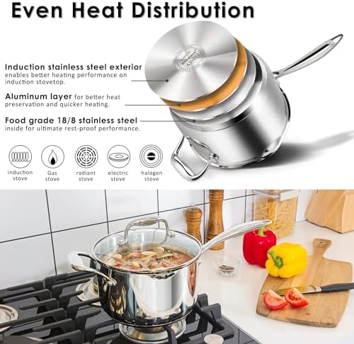 Rorence Stainless Steel Saucepan with Pour Spout Glass Lid