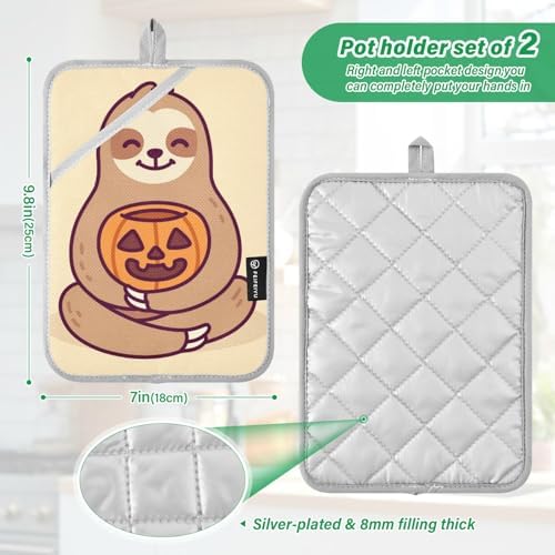 Halloween 2-Piece Cute Sloth Pot Holder Set for Kitchen Pockets Mitts