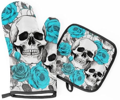 Halloween Flower Skulls Oven Mitts and Potholders Set of 2 Spooky Kitchen Gloves