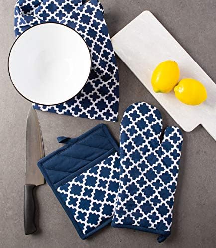 DII Lattice Basics Collection Potholder Oven Mitt Set Nautical Blue 2 Piece