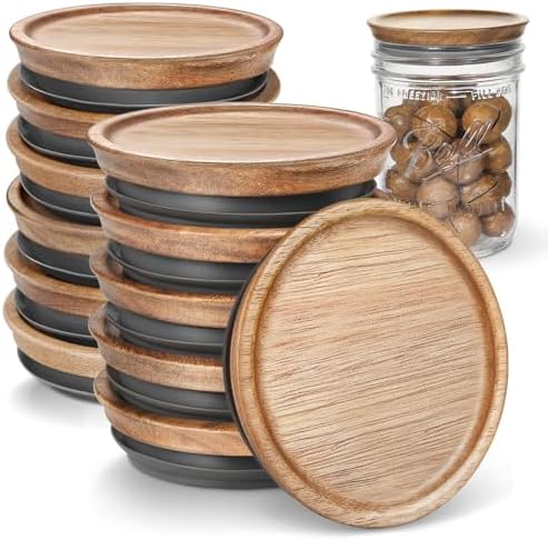 Wooden Canning Lids for Mason Jars 12PCS Reusable with Silicone Seal