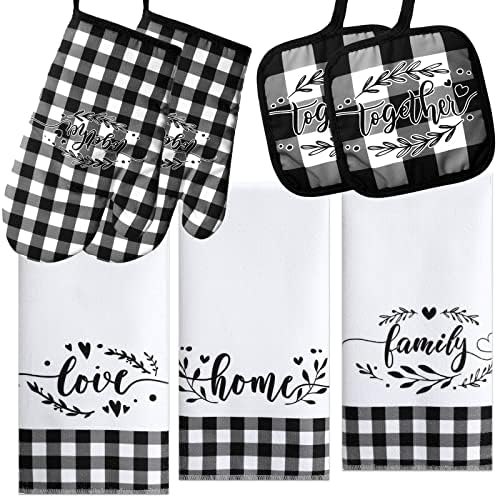 Oudain 7 Pcs Christmas Buffalo Kitchen Mitts and Pot Holders Check Plaid Set