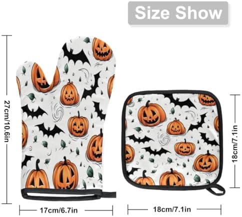 Pumpkin Halloween Bats Oven Mitts Pot Holders Set