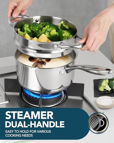 Stainless Steel Saucepan with Tripple Bottom for Cooking Steaming More